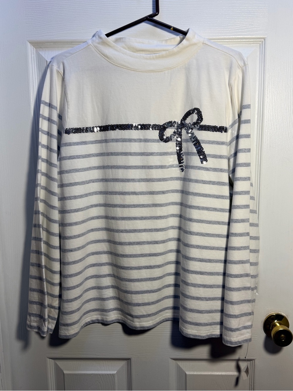 Talbots White & Light Gray Striped Long-Sleeve Top with Sequin Bow
